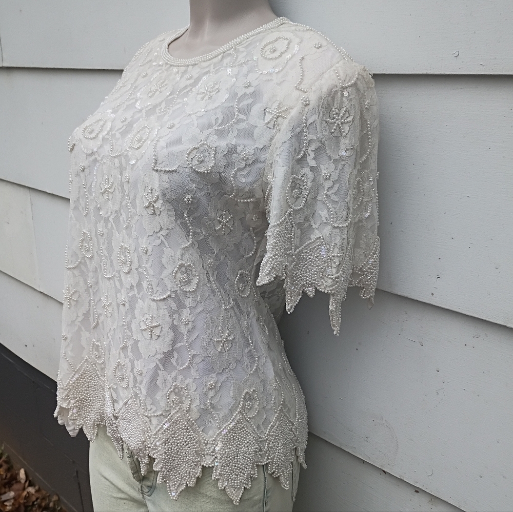 Vintage White Beaded And Sequin Formal Top